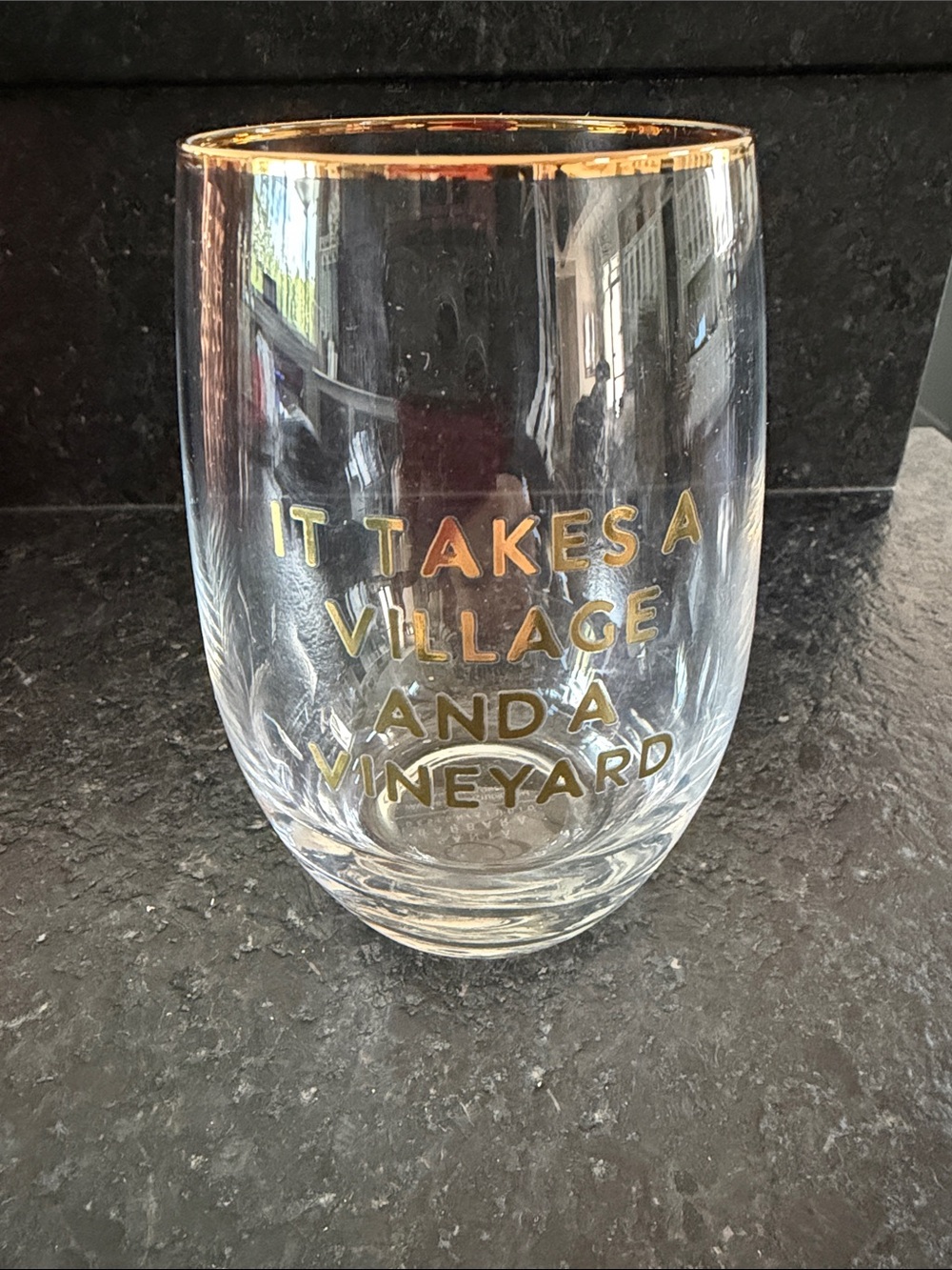 Gold-Accent Stemless Wine Glass - 'It Takes a Village and a Vineyard'